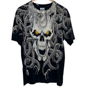 Vintage 90s Liquid Blue Black Skull Snake Thrashed Tee Men Size L